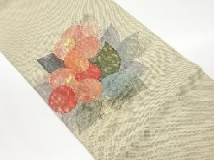 手織り紬花葉模様織出し名古屋帯